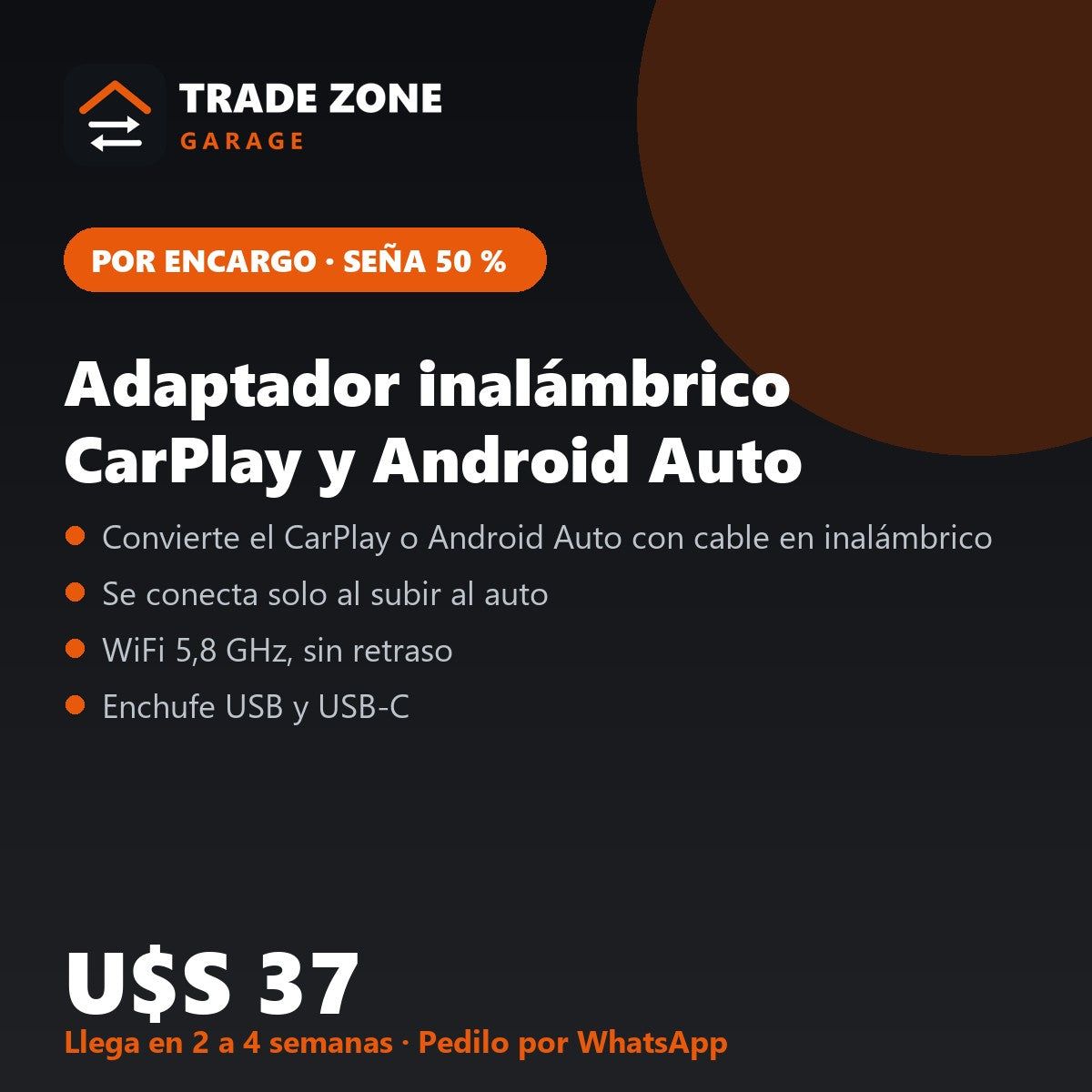 Adaptador inalámbrico CarPlay y Android Auto